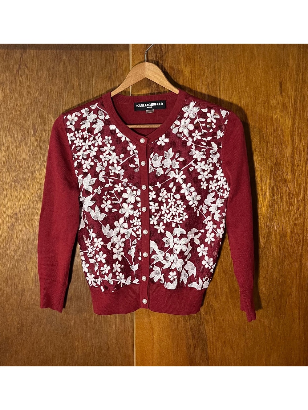 Karl Lagerfeld Red & White Floral Cardigan Sweater Sz XS